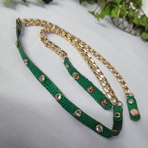 Gold Cuban Link Chain and Green Leather Boot Ankle Bracelet - Picture 3 of 9